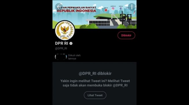 Warganet memblokir akun Twitter DPR RI. (Twitter)