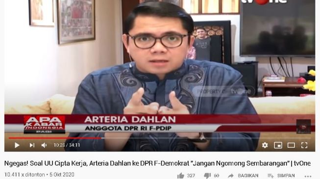 Klarifikasi Arteria Dahlan soal pengesahan Omnibus Law. (YouTube/Talk Show tvOne)