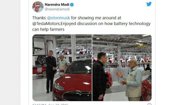 Unggahan PM India, Narendra Modi pada 2015 saat berkunjung ke Tesla Gigafactory [Twitter: @narendramodi].