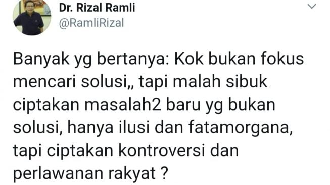 Cuitan Rizal Ramli sindir Jokowi. (Foto: bidik layar Twitter)