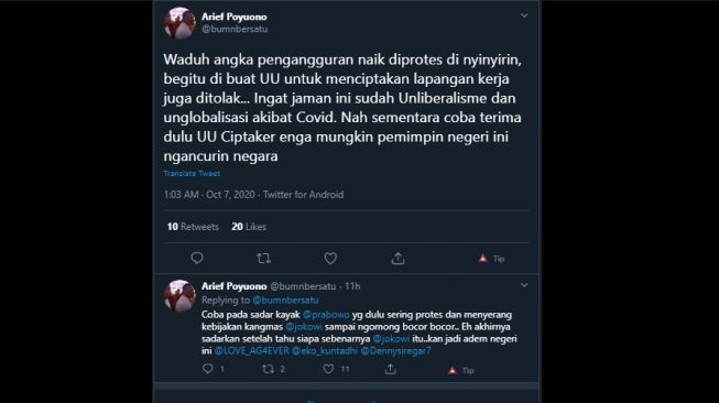 Cuitan Arief Poyuono soal UU Ciptaker dan meminta rakyat mencntoh Prabowo. (Twitter/@bumnbersatu)