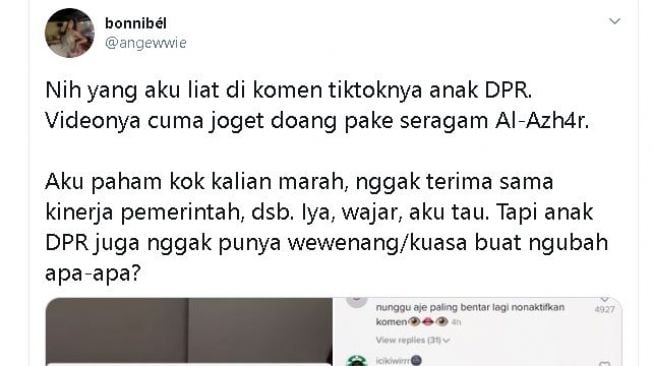 Anak DPR jadi sasaran kemarahan rakyat. (Twitter/@angewwie)