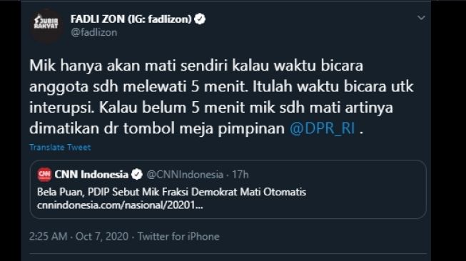 Cuitan Fadli Zon soal sistem mikrofon mati di ruang rapat DPR RI. (Twitter/@fadlizon)