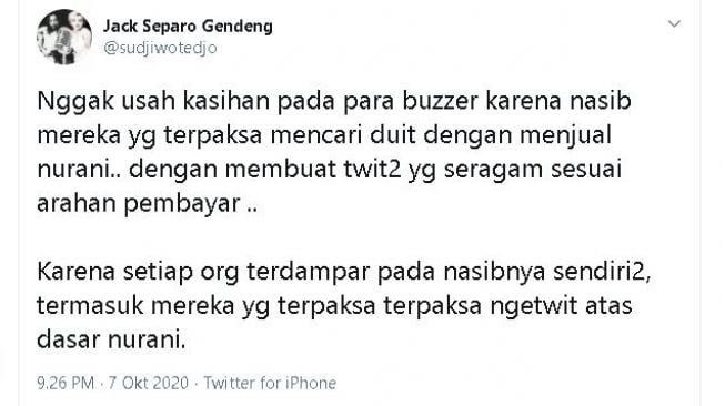 Kicauan Sudjiwo Tedjo soal buzzer. (Twitter/@sudjiwotedjo)