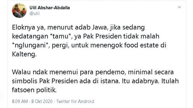 Ulil Abshar Abdala singgung adab Jokowi. (Twitter/@ulil)