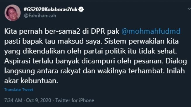 Cuitan Fahri Hamzah kepada Mahfud MD tentang sistem aspirasi yang diabaikan. (Twitter/@Fahrihamzah)