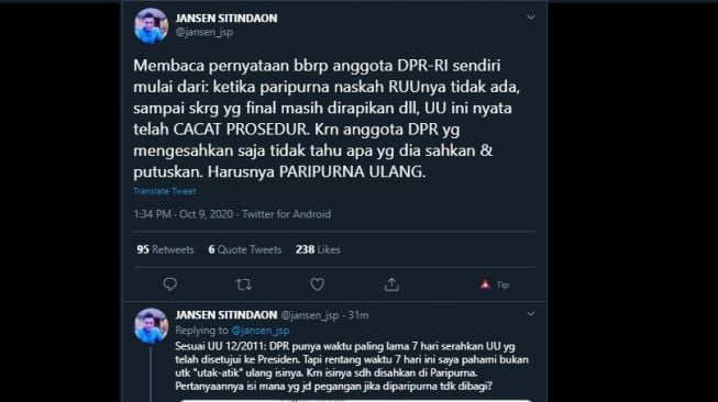 Jansen Sitindaon mengusulkan paripurna UU Cipta Kerja dilakukan ulang. (Twitter/@jansen_jsp)