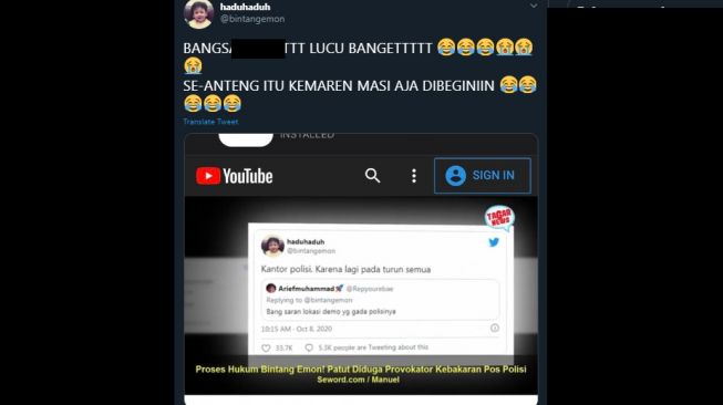 Bintang Emon dituduh sebagai provokator pembakaran pos polisi (Twitter/@bintangemon)