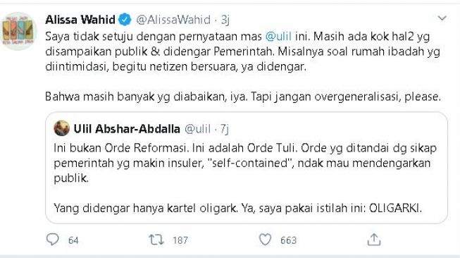 Kicauan Alissa Wahid sanggah Ulil Abshar Abdalla. (Twitter/@AlissaWahid)