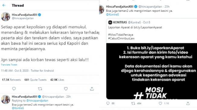 Cuitan Hinca Pandjaitan ancam oknum polisi represif ke demonstran (Twitter @hincapandjaitan)