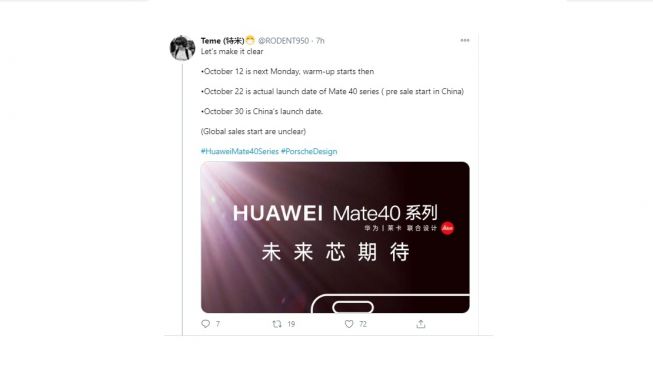 Bocoran tanggal peluncuran Huawei Mate 40. [Twitter]