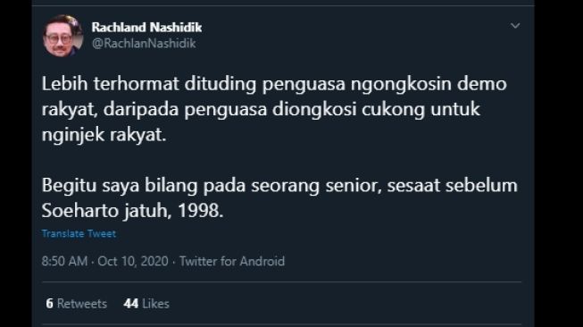 Cuitan Rachland Nashidik soal tuduhan mengongkosi demo. (Twitter/@RachlanNashidik)