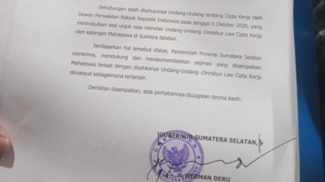 Surat yang ditandatangi Gubernur Sumsel, Herman Deru yang ditujukan kepada Presiden Jokowi (ist)