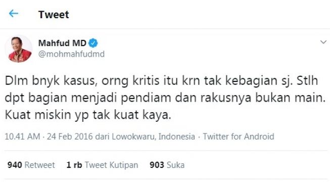 Cuitan Lama Mahfud Diungkit Netizen: Bapak Kritis Gak? Jika Gak Berarti...