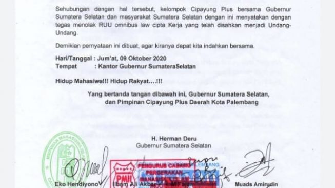 Surat yang ditandatangi Gubernur Sumsel, Herman Deru yang ditujukan kepada Presiden Jokowi (ist)