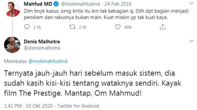 Netizen ungkit tweet jadul Mahfud MD. [Twitter]