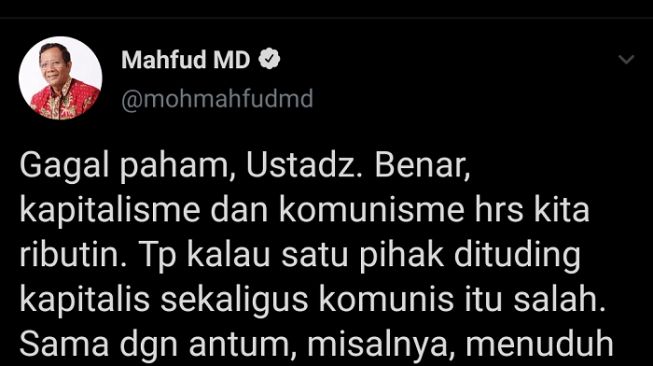 Capture the screenshot of the Coordinating Minister for Political, Legal and Security Affairs Mahfud MD.  (Twitter)