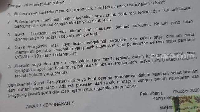 Isi surat pernyataan yang harus ditandatangani orang tua saat anaknya ditahan polisi (ist)