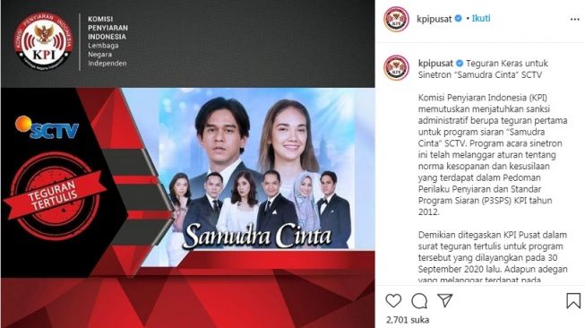 Teguran KPI buat sinetron Samudra Cinta [Instagram/@kpipusat]