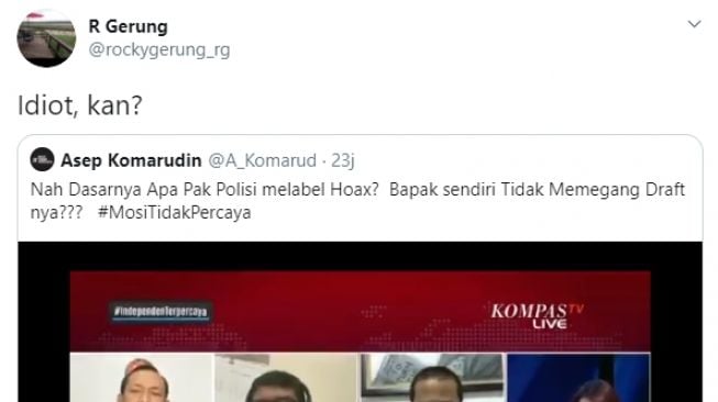 Cuitan Rocky Gerung soal pernyataan Mabes Polri dalam potongan tayangan di Kompas TV. (Twitter)