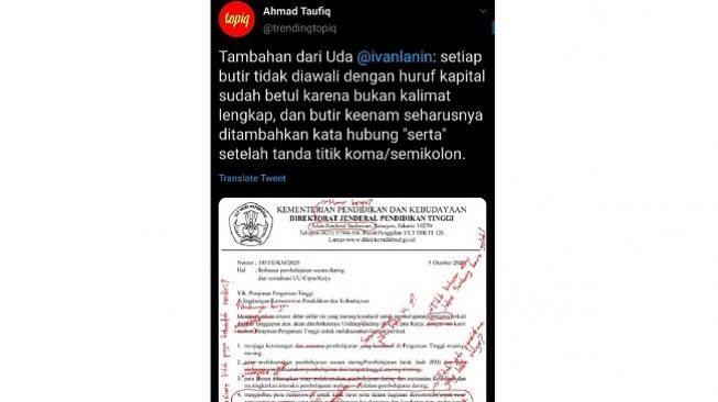 Surat Kemendikbud soal larangan demo mahasiswa. (Bidik layar Twitter)