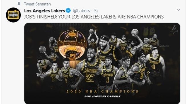 Los Angeles Lakers menjadi juara kompetisi NBA 2020. (Screenshot Twitter @Lakers)