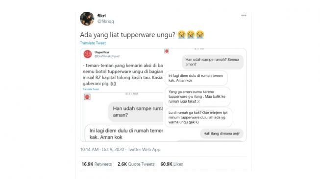 Tangkapan layar chat kehilangan Tupperware saat demo. [Twitter]