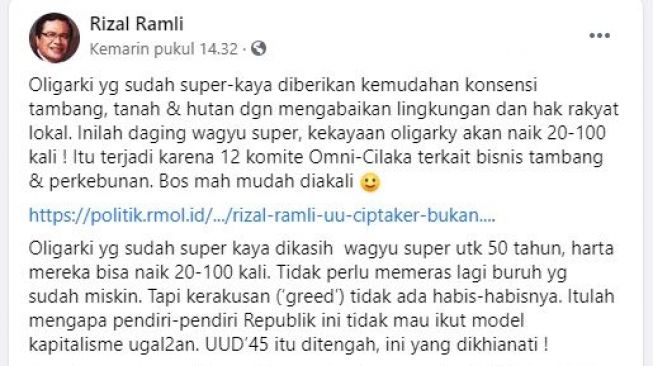 Status Rizal Ramli mengkritik Omnibus Law. (Facebook/Rizal Ramli)