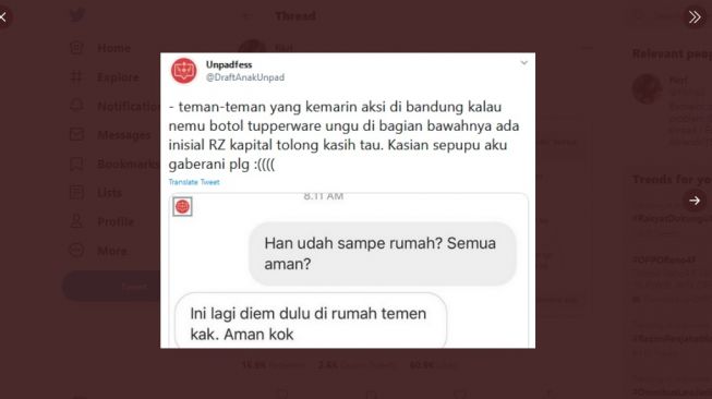 Tangkapan layar chat kehilangan Tupperware saat demo. [Twitter]