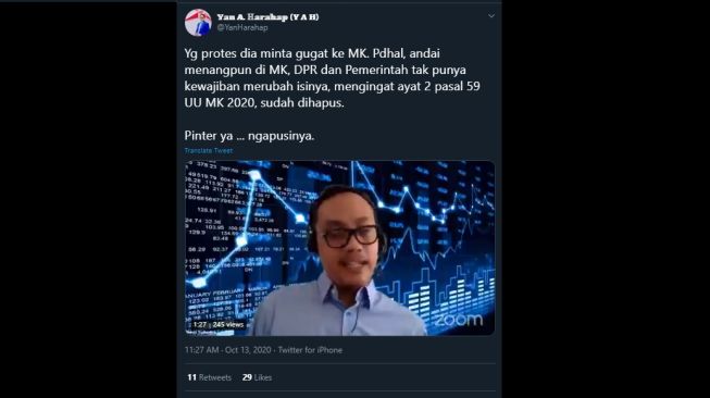 Cuitan Yan Harahap soal UU MK yang telah direvisi. (Twitter/@YanHarahap)