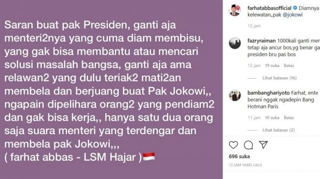 Tanggapan Farhat Abbas soal menteri-menteri Presiden Jokowi. [Instagram]