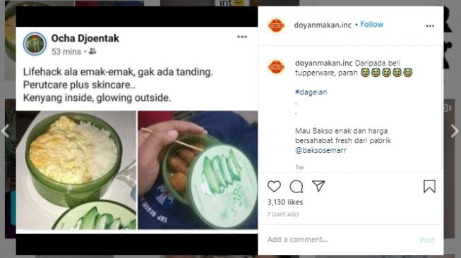 Wadah bekas skincare dijadikan tempat bekal makanan. (Instagram/@doyanmakan.inc)