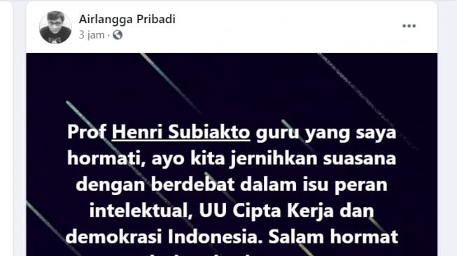 Tantangan debat terbuka Airlangga Pribadi, dosen Unair Surabaya (Foto: Facebook)