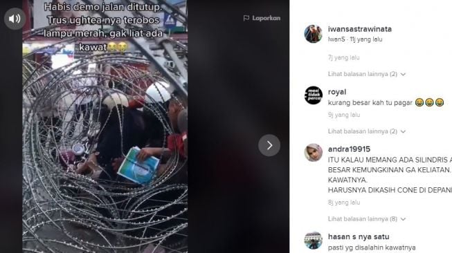 Emak-emak nabrak kawat berduri. (TikTok/@iwansastrawinata)