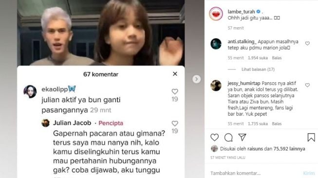 Unggahan soal Julian Jacob [Instagram/@lambe_turah]