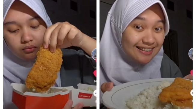 Warganet sedang makan daging ayam Mc Spicy (TikTok @nurrotulilmaa)