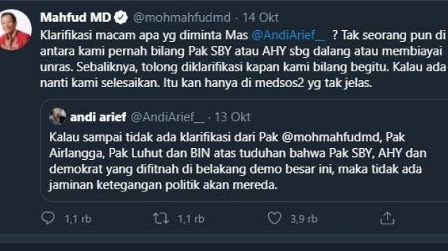 Kicauan Mahfud MD soal tuduhan SBY dalang demo. (Twitter/@mohmahfudmd)