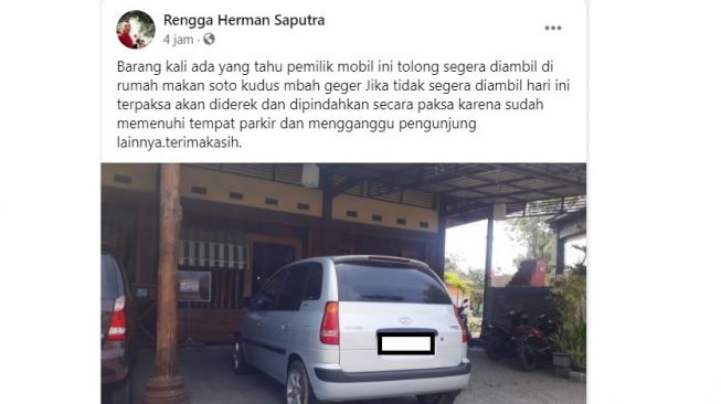 Mobil misterius terparkir di depan warung soto bikin geram pemilik warung (Facebook)