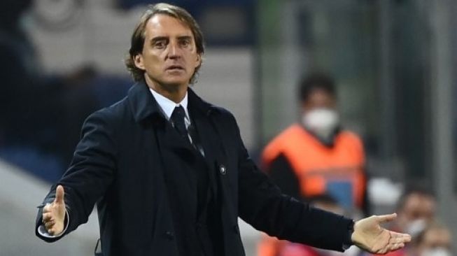 Reaksi pelatih timnas Italia Roberto Mancini saat skuatnya menghadapi Belanda pada laga UEFA Nations League Group A1 di Atleti Azzurri d'Italia Stadium, Bergamo. Marco BERTORELLO / AFP