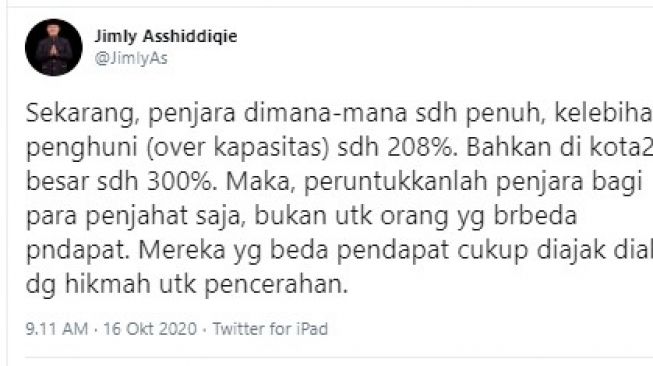 Jimly Asshiddiqie sebut penjara untuk penjahat saja, bukan orang beda pendapat (Twitter/jimlyas)