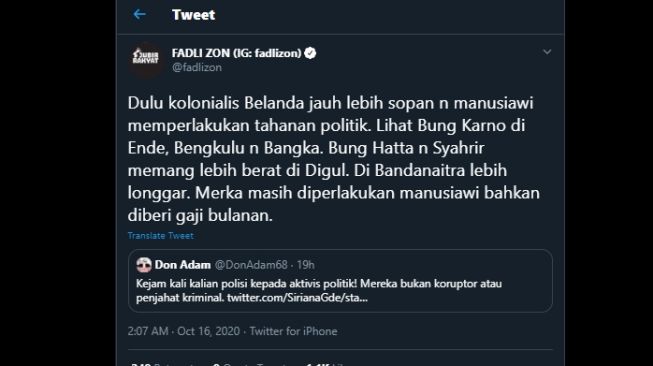 Cuitan Fadli Zon membandingkan cara pemerintah Indonesia dan Belanda memperlakukan tapol. (Twitter/@fadlizon)