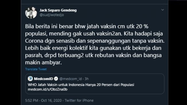 Sujiwo Tejo tanggapi kabar vaksin yang hanya untuk 20 persen penduduk. (Twitter/@sudjiwotedjo)