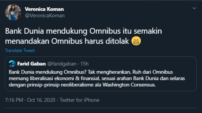 Kicauan Veronica Koman Sebut Dukungan Bank Dunia Semakin Menandakan Omnibus Law Harus Ditolak (Twitter/@veronicakoman).