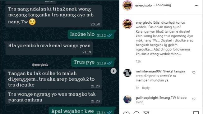 Curhatan seorang wanita yang digenggam tangannya oleh pria tidak dikenal. - (Instagram/@energisolo)