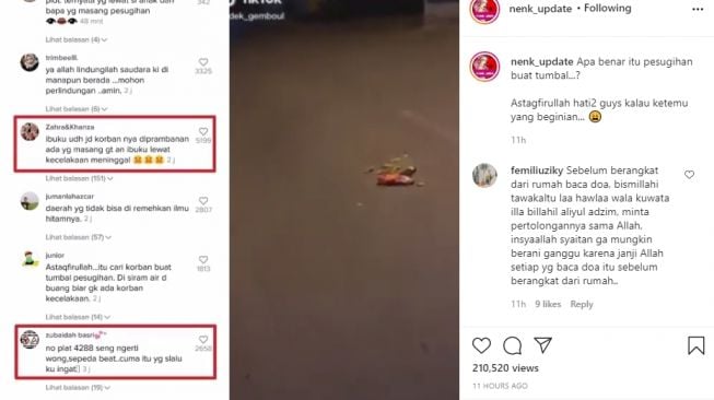 Video warga menemukan benda diduga untuk mencari tumbal pesugihan dijalan. - (Instagram/@nenk_update)