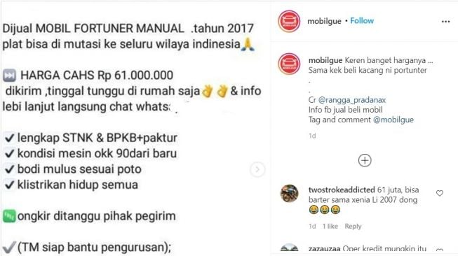 Toyota Fortuner dijual setara dengan 2 unit Yamaha NMAX (Instagram)