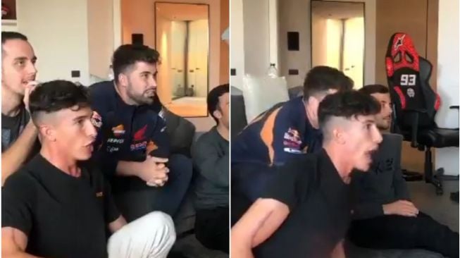 Ekspresi kocak Marc Marquez saat nonton MotoGP. (Instagram)