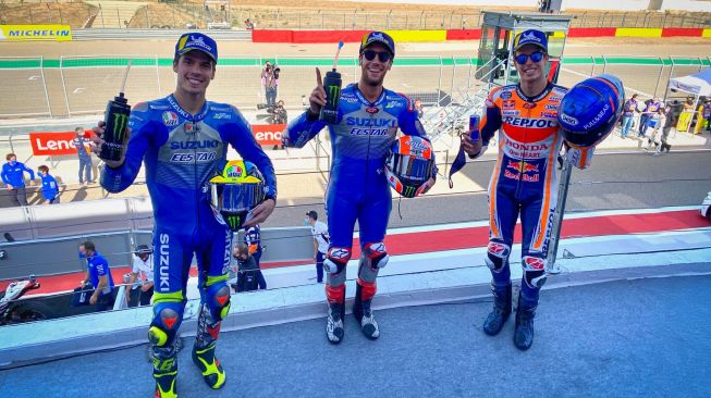 Joan Mir, Alex Rins dan Alex Marquez meraih podium di MotoGP Aragon 2020 (Twitter)