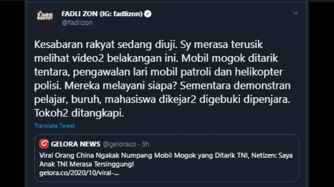 Cuitan Fadli Zon soal aparat melayani masyarakat. (Twitter/@fadlizon)