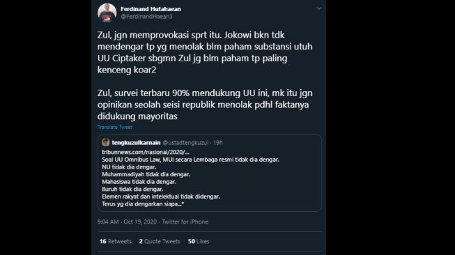 Cuitan Ferdinand Hutahaean menyentil Tengku Zul. (Twitter/@FerdinandHaean3)